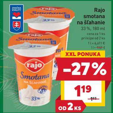 Rajo smotana na šľahanie 33 %, 180 ml 