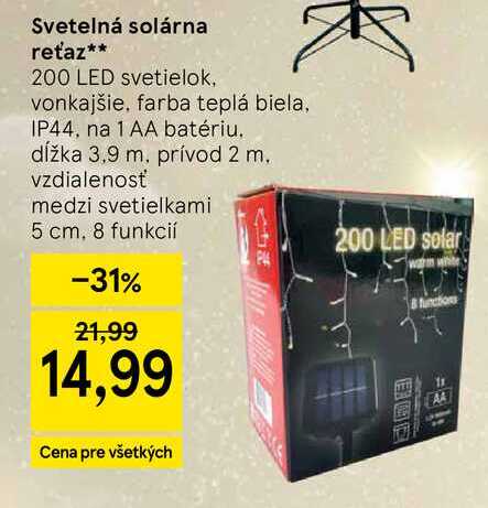 Svetelná solárna reťaz 200 LED svetielok, vonkajšie farba teplá biela