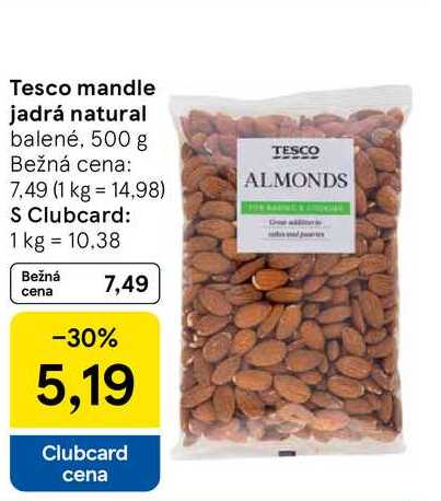 Tesco mandle jadrá natural balené, 500 g 