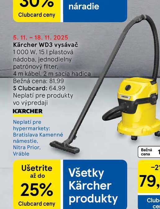 Kärcher WD3 vysávač 1000 W, 15 I plastová nádoba 