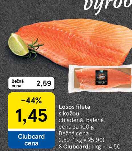 Losos fileta s kožou chladená, balená cena za 100 g 