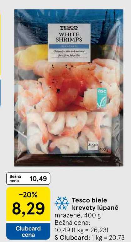 Tesco biele krevety lúpané mrazené, 400 g