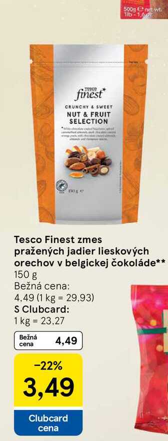 Tesco Finest zmes pražených jadier lieskových orechov v belgickej čokoláde 150 g