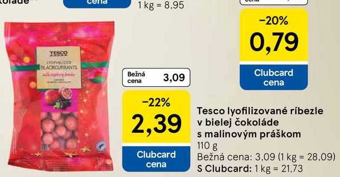 Tesco lyofilizované ríbezle v bielej čokoláde s malinovým práškom 110 g