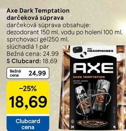 Axe Dark Temptation darčeková súprava obsahuje: dezodorant 150 ml, vodu po holení 100 ml, sprchovací gél 250 ml, slúchadlá 1 pár