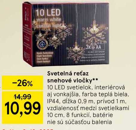 Svetelná reťaz snehové vločky 10 LED svetielok