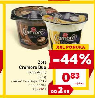 Zott Cremore Duo rôzne druhy 190 g