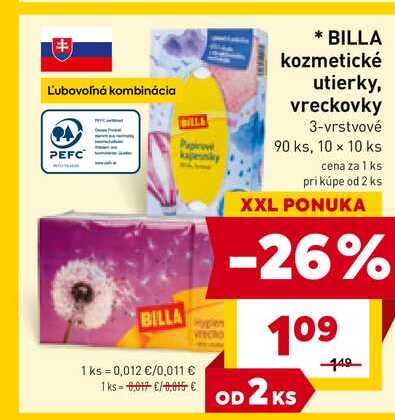 BILLA kozmetické utierky, vreckovky 3-vrstvové 90 ks
