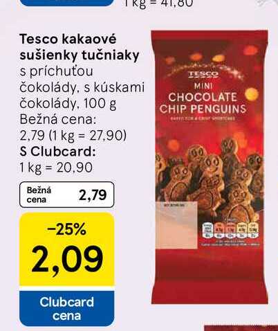 Tesco kakaové sušienky tučniaky s príchuťou čokolády, s kúskami čokolády 100 g