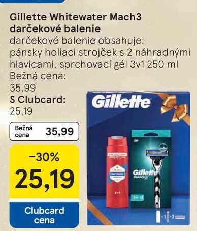 Gillette Whitewater Mach3 darčekové balenie obsahuje: pánsky holiaci strojček s 2 náhradnými hlavicami, sprchovací gél 3v1 250 ml