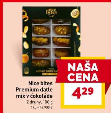 Nice bites Premium datle mix v čokoláde 2 druhy, 100 g 
