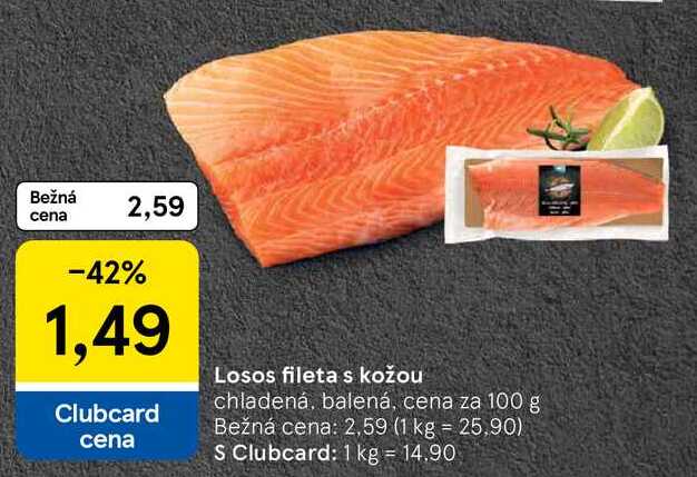 Losos fileta s kožou chladená, balená, cena za 100 g 