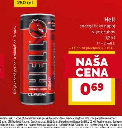 Hell energetický nápoj viac druhov 0,25l