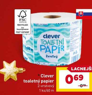 Clever toaletný papier 2-vrstvový 1ks/60 m