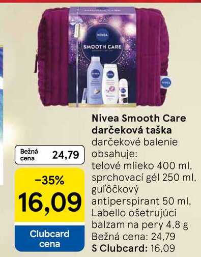 Nivea Smooth Care darčeková taška darčekové balenie obsahuje: telové mlieko 400 ml, sprchovací gél 250 ml, guľôčkový antiperspirant 50 ml, Labello ošetrujúci balzam na pery 4,8 g
