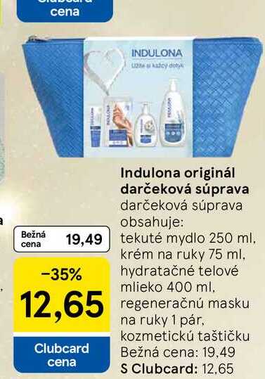 Indulona originál darčeková súprava obsahuje: tekuté mydlo 250 ml, krém na ruky 75 ml, hydratačné telové mlieko 400 ml, regeneračnú masku na ruky 1 pár, kozmetickú taštičku