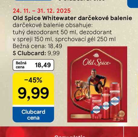 Old Spice Whitewater darčekové balenie darčekové balenie obsahuje: tuhý dezodorant 50 ml, dezodorant v spreji 150 ml, sprchovací gél 250 ml