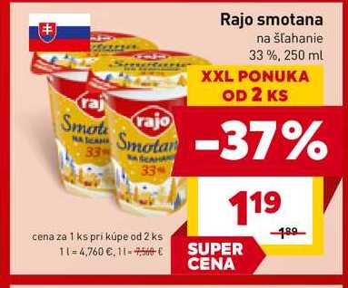 Rajo smotana na šľahanie 33%, 250 ml
