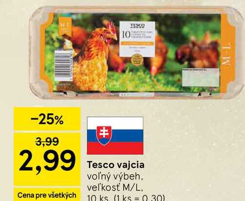 Tesco vajcia voľný výbeh, veľkosť M/L, 10 ks 