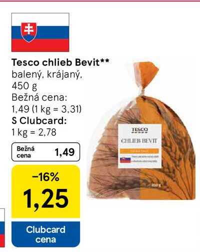 Tesco chlieb Bevit balený, krájaný 450 g  v akcii