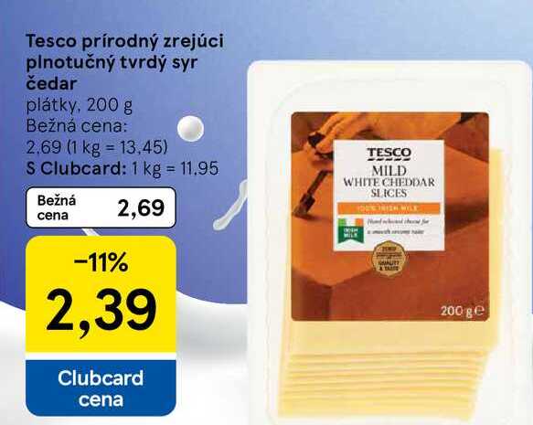 Tesco prírodný zrejúci plnotučný tvrdý syr čedar plátky, 200 g