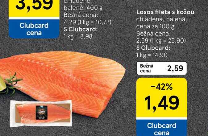 Losos fileta s kožou chladená, balená, cena za 100 g 