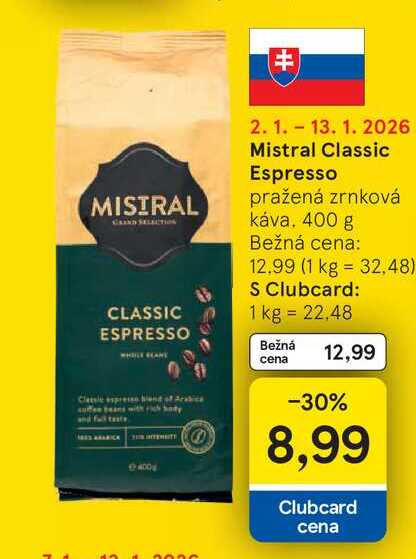 Mistral Classic Espresso pražená zrnková káva 400 g 