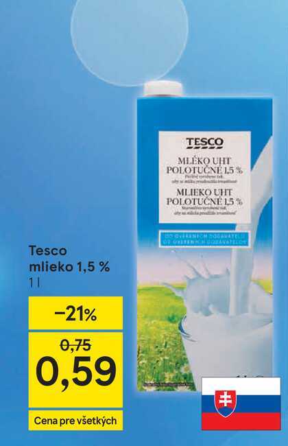 Tesco mlieko 1,5 % 1l