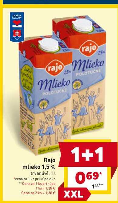 Rajo mlieko 1,5% trvanlivé, 1l