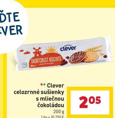 Clever celozrnné sušienky s mliečnou čokoládou 200 g 