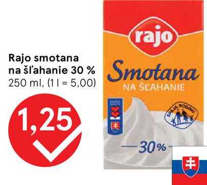 Rajo smotana na šľahanie 30% 250 ml