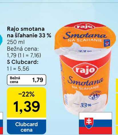 Rajo smotana na šľahanie 33% 250 ml 