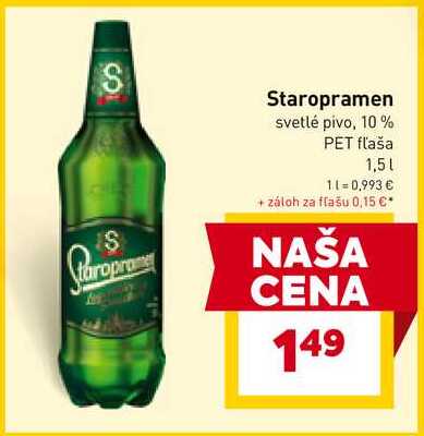 Staropramen svetlé pivo, 10% PET fľaša 1,5L