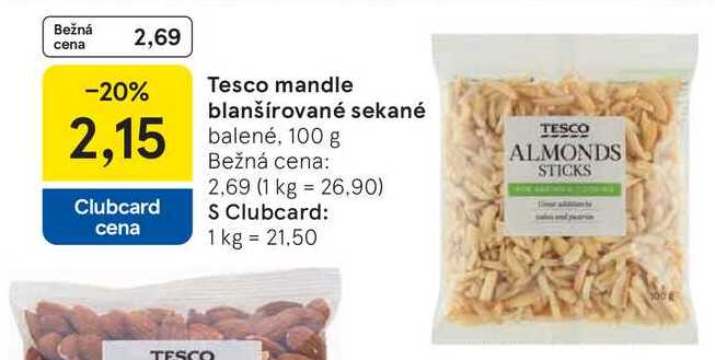 Tesco mandle blanšírované sekané balené, 100g
