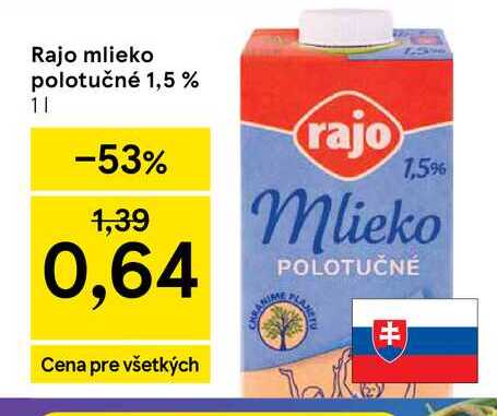 Rajo mlieko polotučné 1,5 % 1l