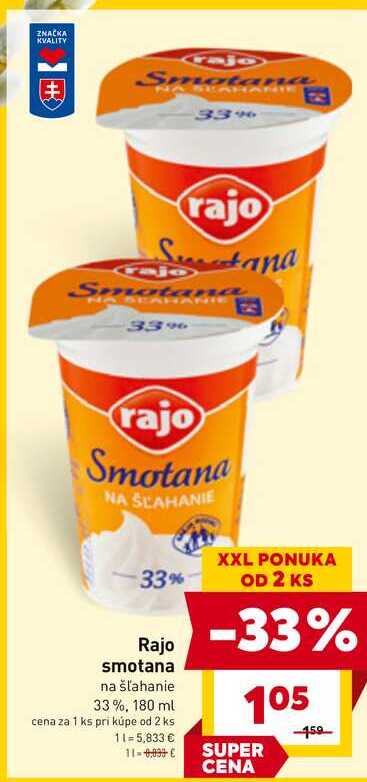 Rajo smotana na šľahanie 33%, 180 ml 