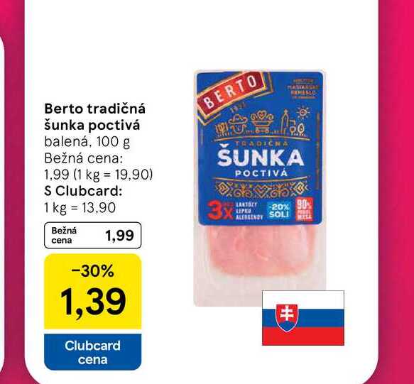 Berto tradičná šunka poctivá balená, 100 g