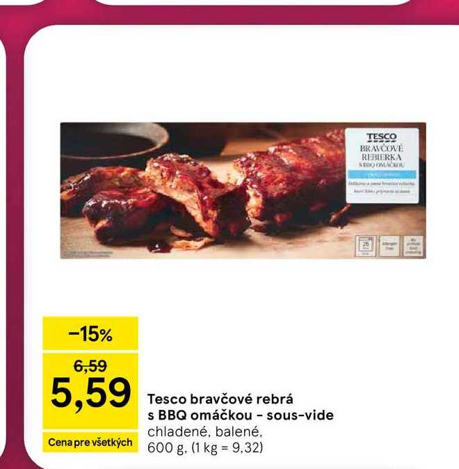Tesco bravčové rebrá s BBQ omáčkou - sous-vide chladené, balené 600 g