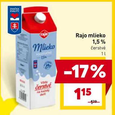 Rajo mlieko čerstvé 1l v akcii
