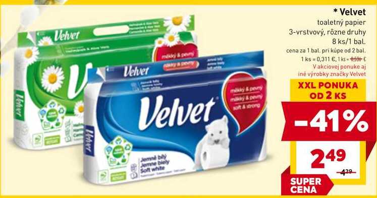 Velvet toaletný papier 3-vrstvový, rôzne druhy 8 ks/1 bal. 
