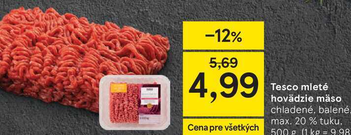 Tesco mleté hovädzie mäso chladené, balené, max. 20 % tuku 500 g