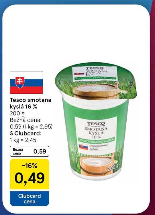 Tesco smotana kyslá 16 % 200 g v akcii