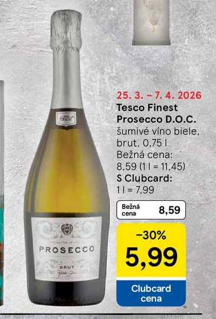 Tesco Finest Prosecco D.O.C. šumivé víno biele, brut, 0,75 l v akcii