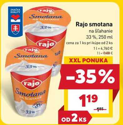 Rajo smotana na šľahanie 33%, 250 ml