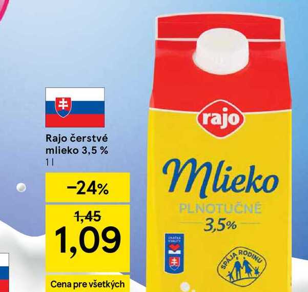 Rajo čerstvé mlieko 3,5 % 1l v akcii