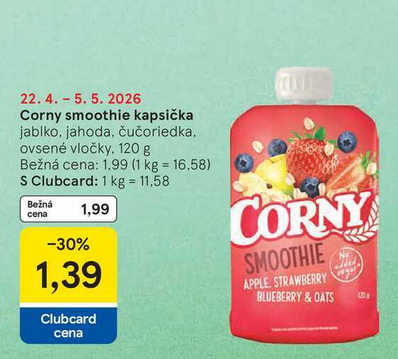 Corny smoothie kapsička jablko, jahoda, čučoriedka. ovsené vločky, 120 g 