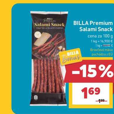 BILLA Bonus Salami Snack cena za 100 g 