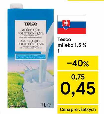 Tesco mlieko 1,5 % 1l v akcii