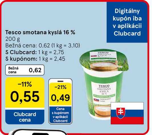 Tesco smotana kyslá 16% 200 g  v akcii