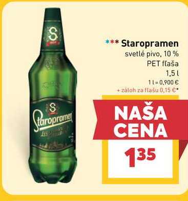 Staropramen svetlé pivo, 10% PET fľaša 1,5 l